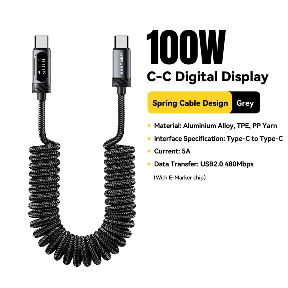 Avtomobilski kabel USB-C na USB-C 100 W s spiralo